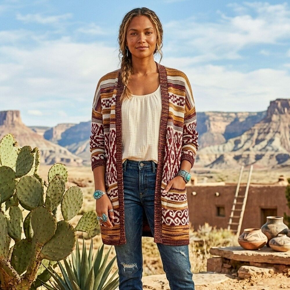 NWT Lucky Brand Aztec Southwestern Boyfriend Cardigan Sweater Size M